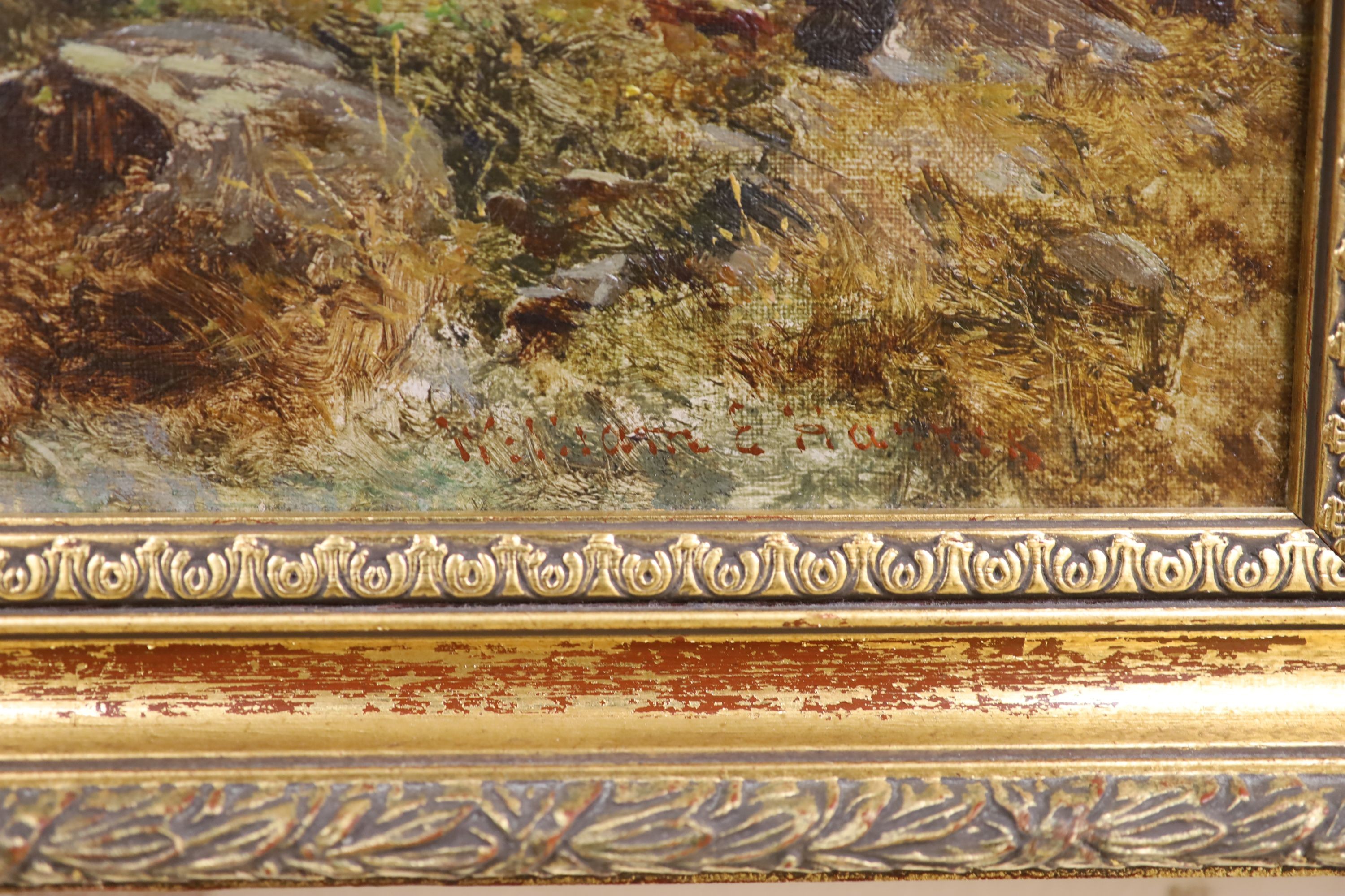 William E. ...(19th C.), oil on canvas, Anglers alongside a fast flowing stream, signed, 30 x 60cm